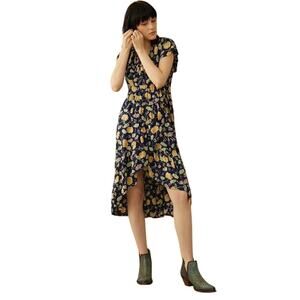 Bohera Faux Wrap Midi Dress Large Floral Navy Yellow Rayon Boho Cottagecore